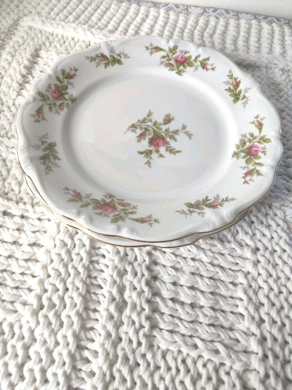 Lot Of 2 Vintage Johann Haviland Moss Rose 10” Dinner Plates Germany Gold Trim